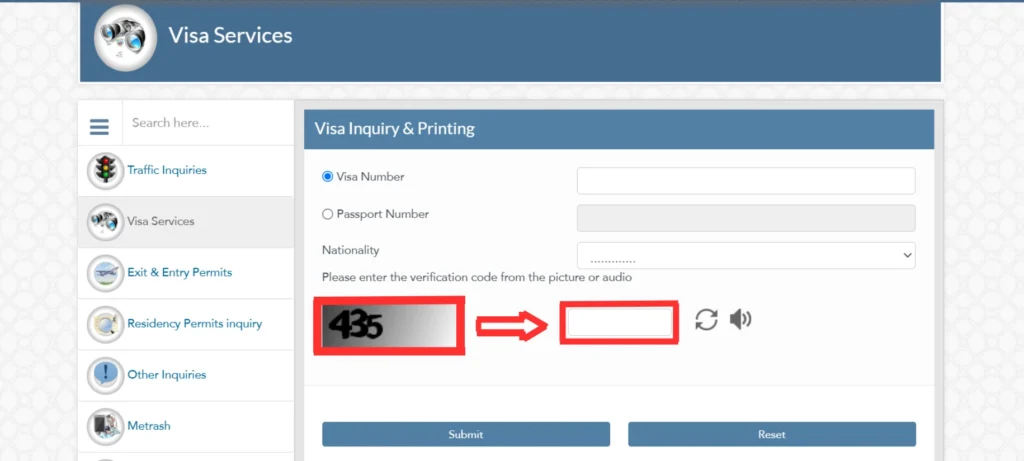Enter captcha to check you visa status