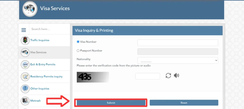 Submit button for qatar visa status check online